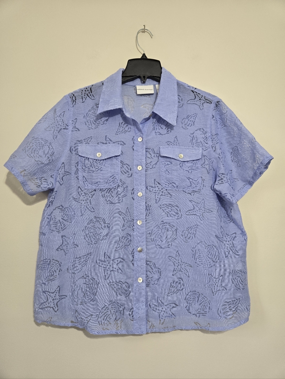 Alfred Dunner Women’s Blue Lavender Seashell Starfish Button Front Blouse Sz 16